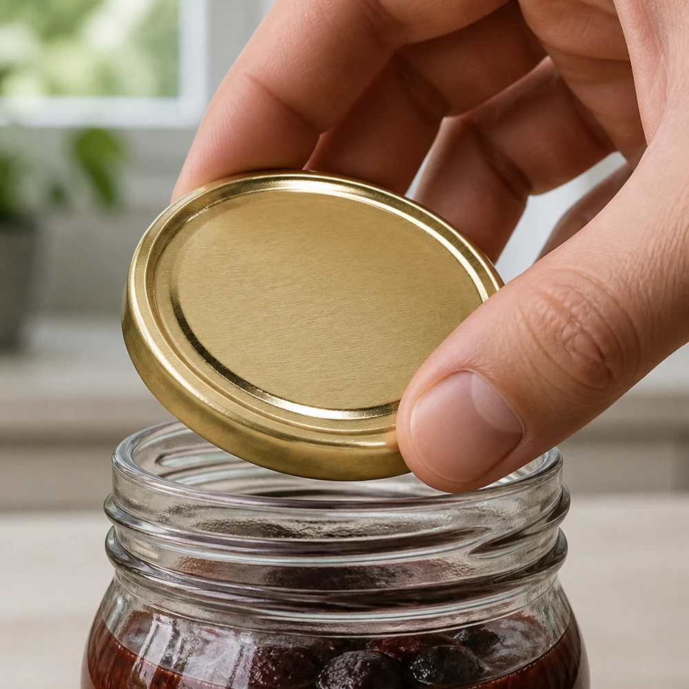Hand setzt UNiTWIST TO66 goldenen Schraubdeckel auf Glas mit dunkler Fruchtfüllung BioSeal