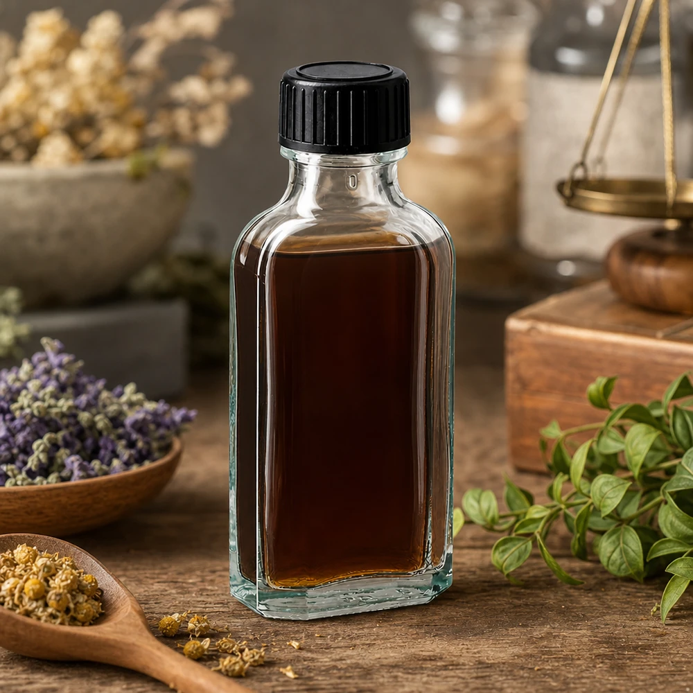 50 ml Meplat klar Schraubverschluss mit LKD-Dichtscheibe Meplat Flasche 50ml für Kräuterextrakte mit braunem Inhalt und schwarzem Schraubverschluss
