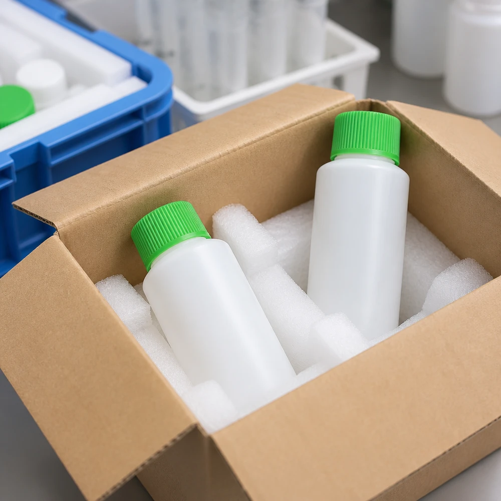 HDPE Apothekenflaschen 30ml in verschiedenen Größen mit grünem SV in Transportverpackung