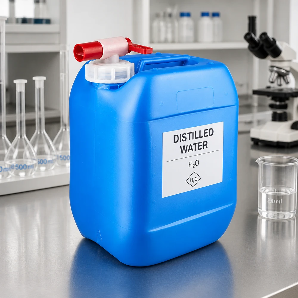 Tragbarer blauer Flüssigkeitsbehälter 10 Liter mit praktischem Zapfhahn auf Edelstahltisch