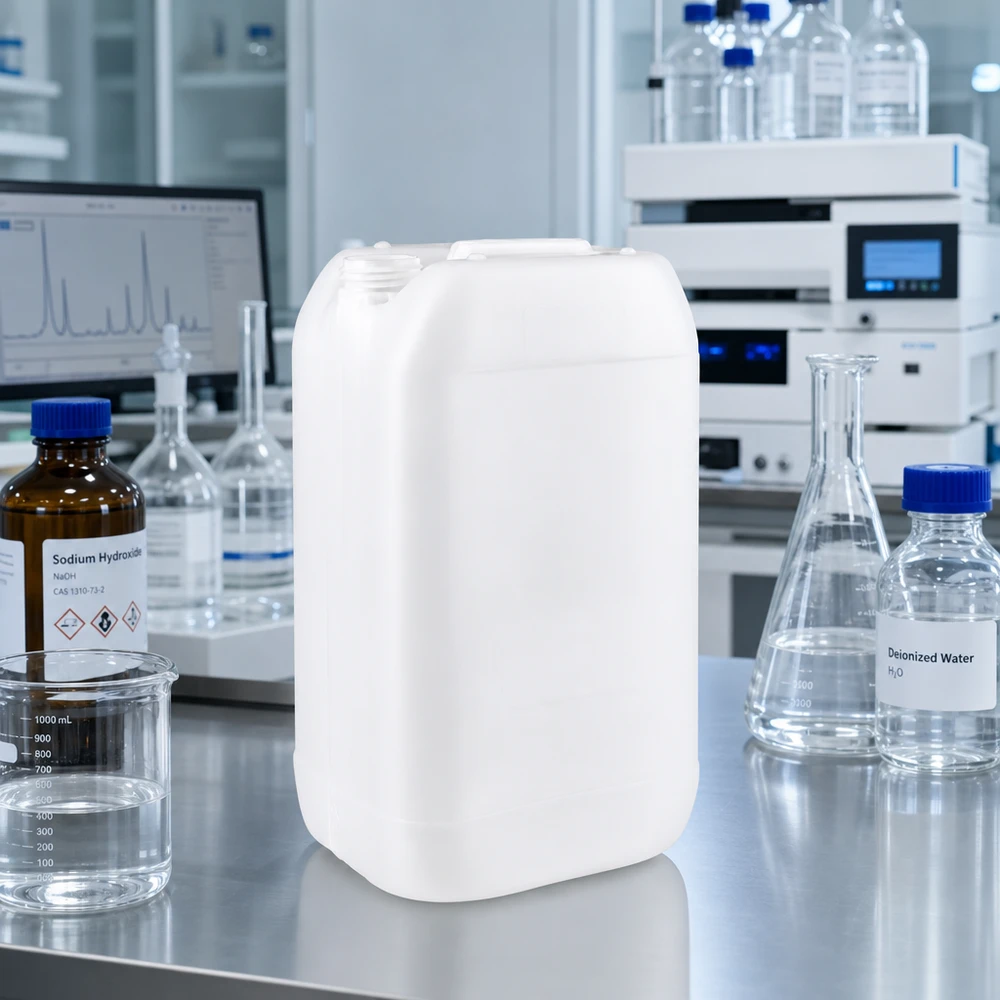 Robuster 15 Liter Laborkanister ohne Deckel neben Natriumhydroxid und deionisiertem Wasser