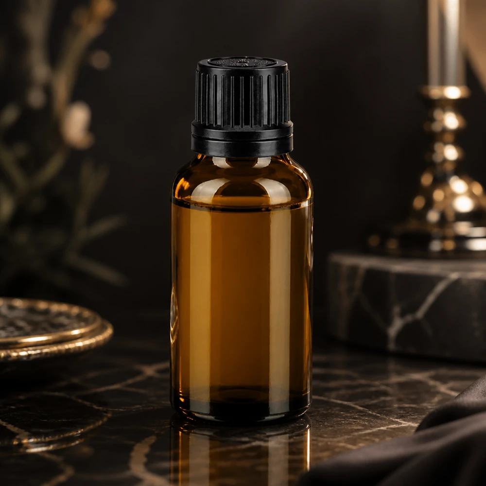 Kleine braune Glasflasche 20ml mit geripptem Schwarzdeckel für ätherische Öle
