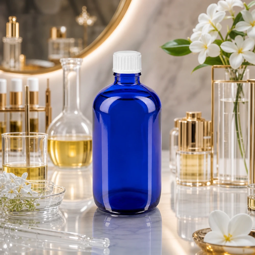 Apothekenflasche blau 100ml Schraubverschluss weiß Standard Kleine blaue Glasflasche 100ml mit Kindersicherheitsverschluss auf Marmorfläche