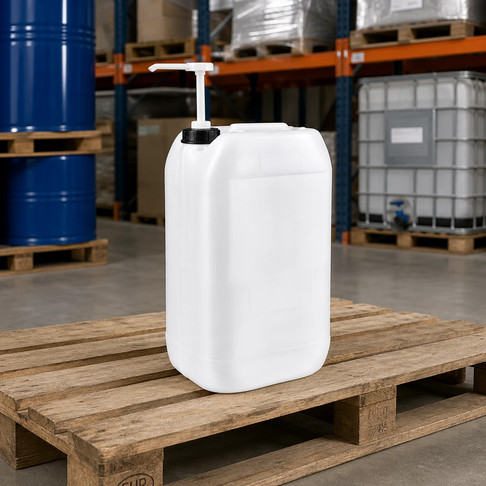 Kanister 15 Liter mit Dosierpumpe Weißer Industriekanister 15L mit Pumpenspender auf Europalette im Großlager