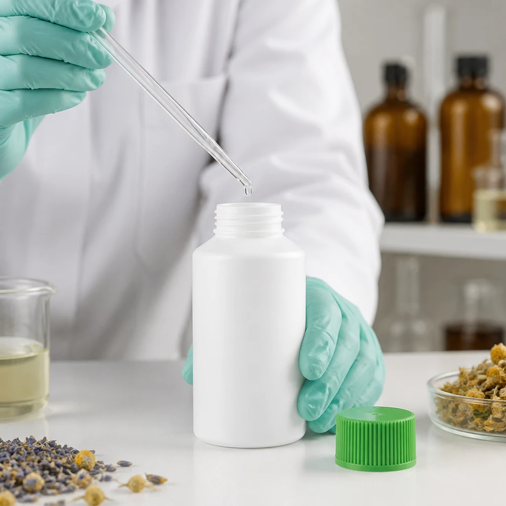 Apothekenflasche 50ml aus HDPE weiß mit grünem Sicherheitsverschluss