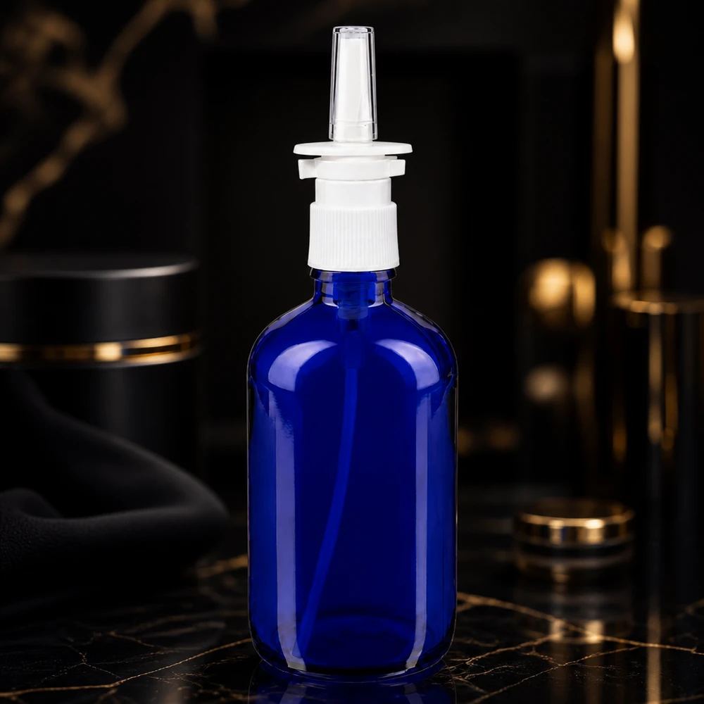 Apothekenflasche blau 100ml Nasenzerstäuber weiß Standard Kobaltblaue Apothekerflasche 100ml mit Nasensprayaufsatz auf schwarzem Marmorhintergrund