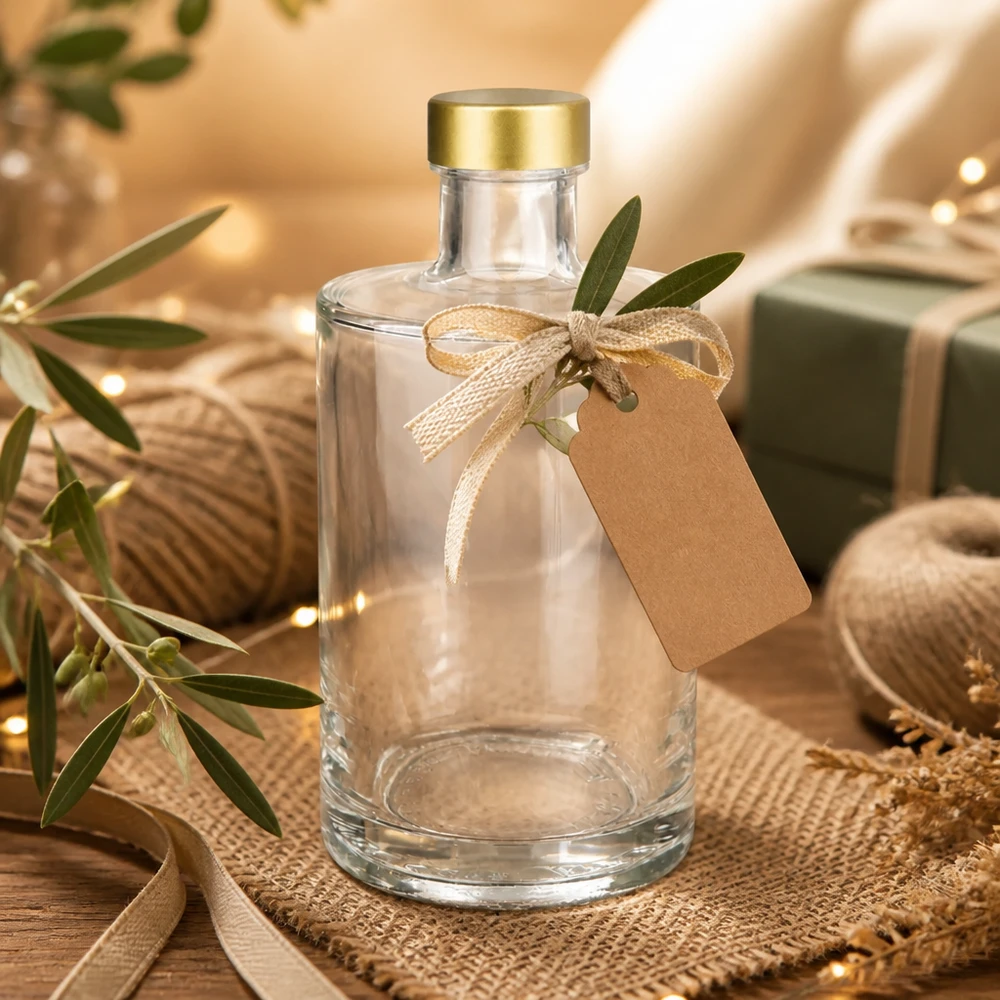 375ml Glasflasche "Sam" + Schraubverschluss gold UNiTWIST 375ml Glasflasche Sam leer dekoriert mit Geschenkanhänger Schleife goldener Verschluss Geschenkidee stilvolle Präsentati