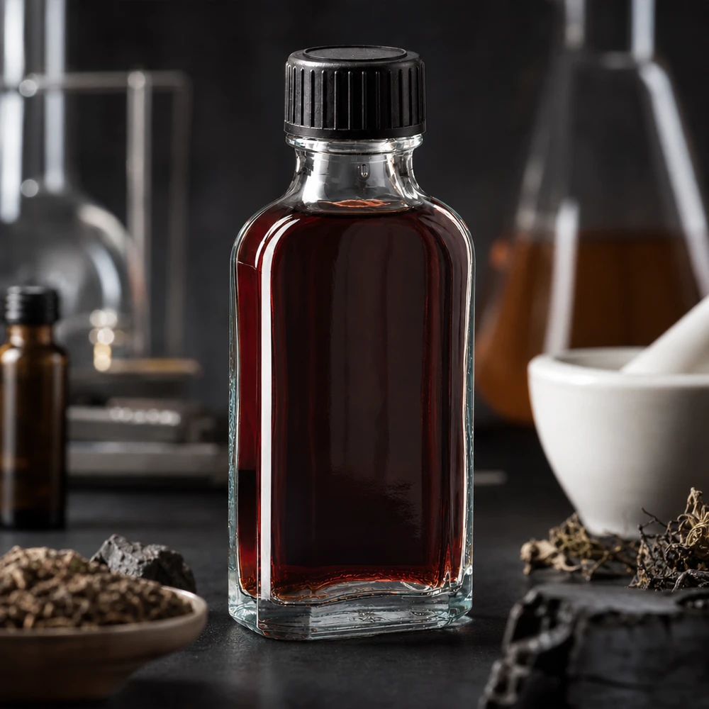 50 ml Meplat klar Schraubverschluss mit EPE-Dichtscheibe 50 ml Klarglasflasche Meplat mit schwarzem Schraubverschluss umgeben von Kräutern und Glasgefäßen