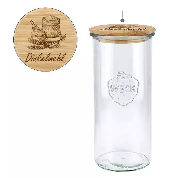 Holzdeckelset "Dinkelmehl" mit WECK Glas 1500ml Holzdeckelset "Dinkelmehl" mit WECK Glas 1500ml