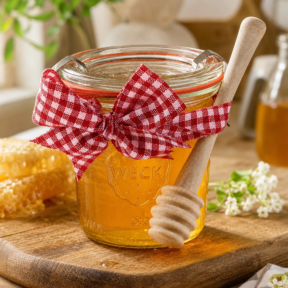 WECK Mini Sturzglas 140ml mit Honig gefüllt roter Vichy Karo Schleife Holz Honiglöffel Waben Landhaus Stil