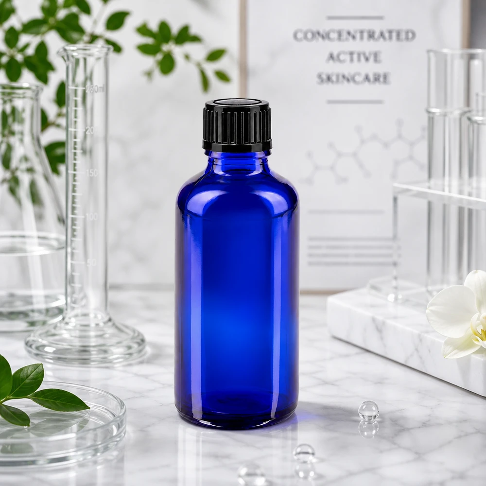 Apothekenflasche blau 50ml Schraubverschluss schwarz Standard Kobaltblaue Glasflasche 50ml für konzentrierte Wirkstoffe mit schwarzem Schraubverschluss 11mm