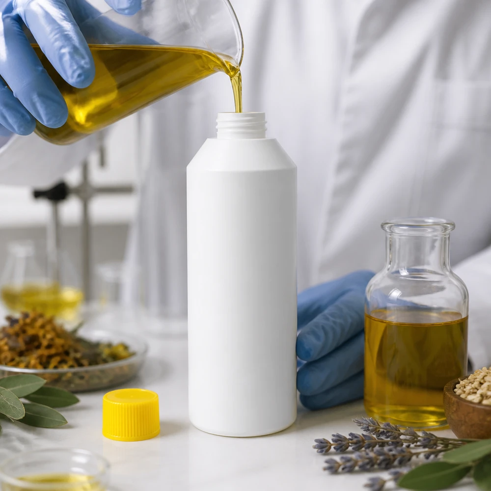 Apothekenflasche HDPE 250ml weiß, mit gelbem Schraubverschluss Lebensmittelechte HDPE Rundflasche 250ml weiß mit gelbem SV für ätherische Öle