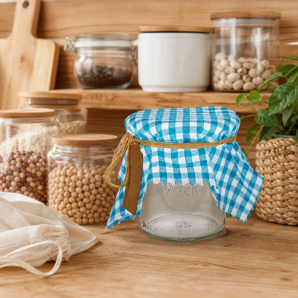Stoff Schmuckdeckchen türkis-kariert 15cm eckig Türkis-kariertes Stoff Schmuckdeckchen auf WECK-Glas in gemütlicher Vorratsküche mit Holzregalen und Naturprodukten
