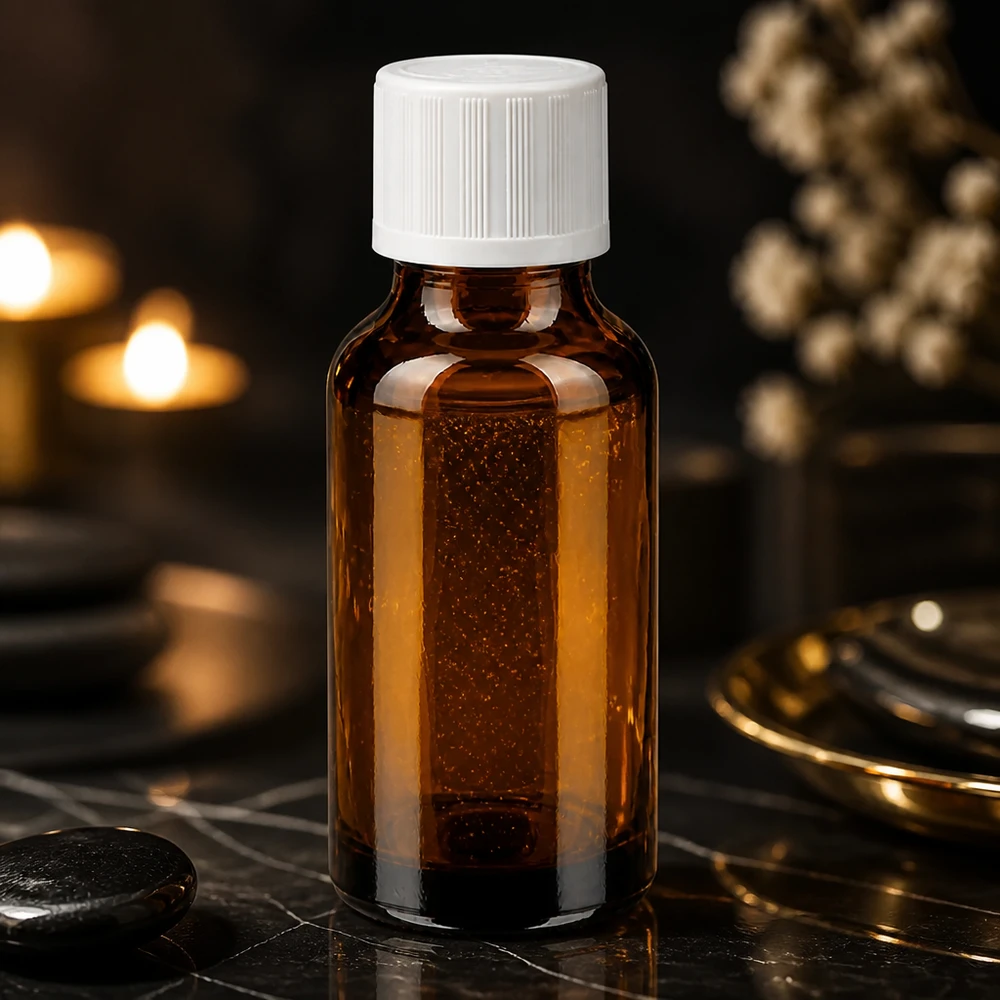 Kleine 20ml Tropfflasche aus Bernsteinglas mit KiSi-Deckel in eleganter Spa-Atmosphäre