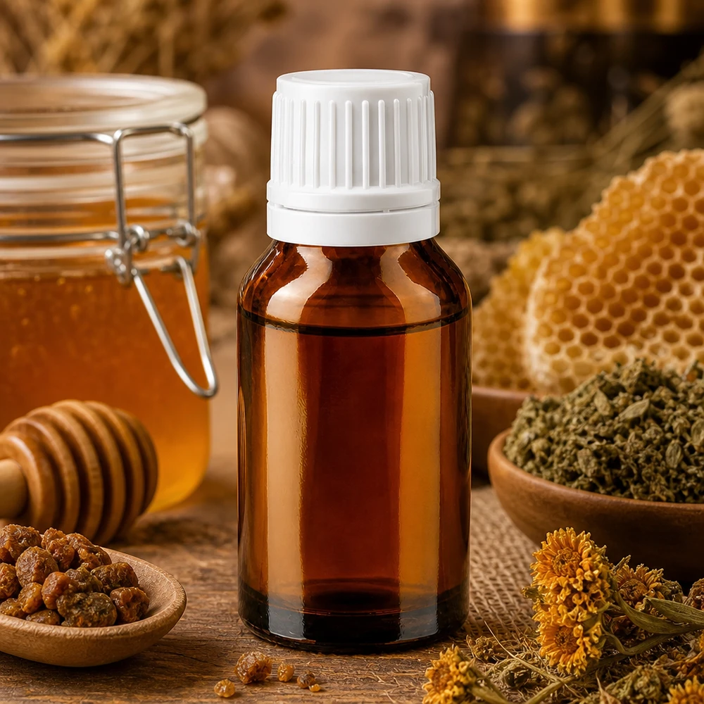 Kleine Apothekerflasche aus Braunglas 30ml mit Naturprodukten wie Propolis und Bienenwachs