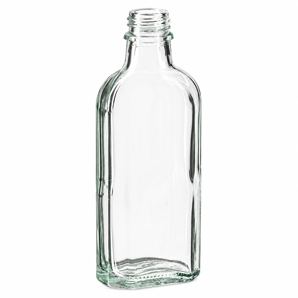 Klare Glasflasche 100 ml flache Meplatform mit Schraubverschluss DIN22