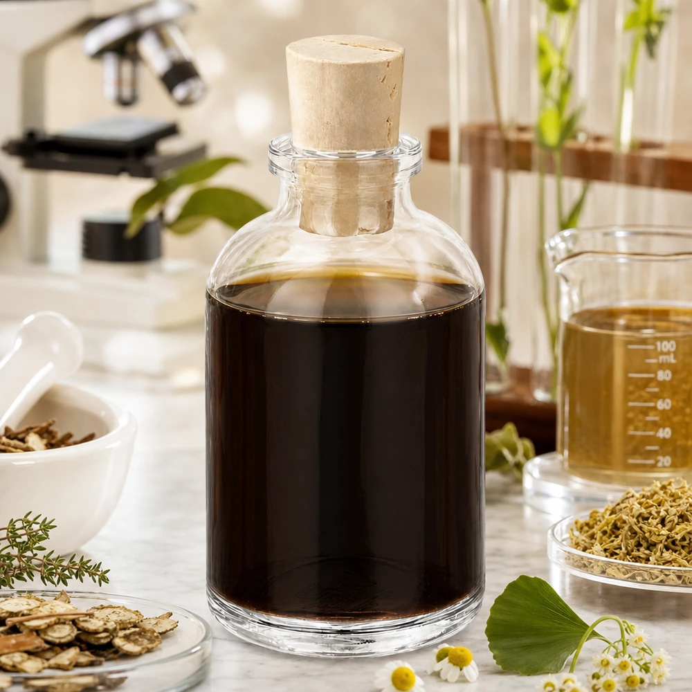 Transparente Laborflasche 50ml mit Korken auf Marmor neben Mörser und Kräuterzutaten