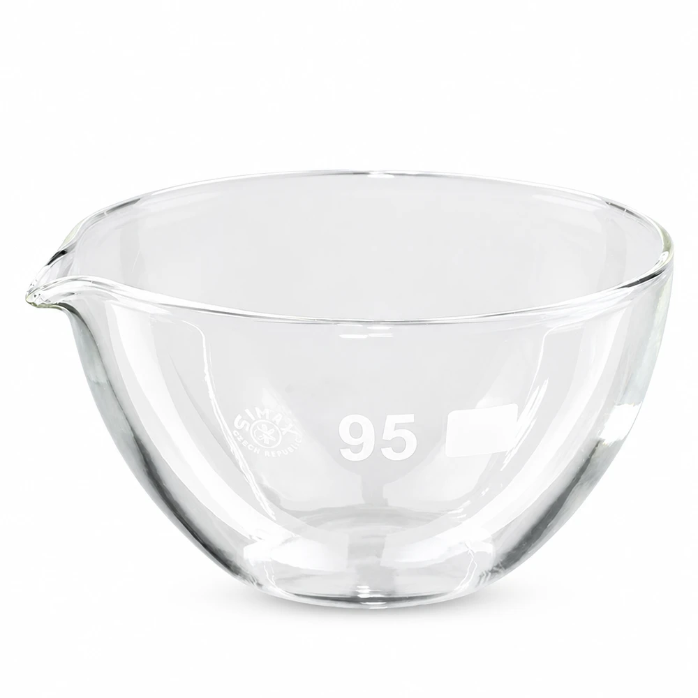 170ml Abdampfschale mit Ausguss Borosilikat ø95mm Klare Abdampfschale 170ml aus hitzebeständigem Borosilikatglas mit Schnabel