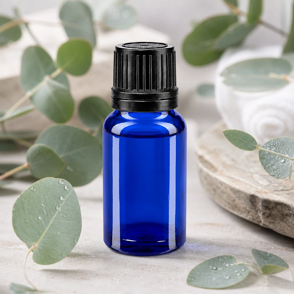 Apothekenflasche blau 10ml Tropfverschluss Giessring 1mm schwarz Originalitätsverschluss Kleine blaue Medizinflasche 10ml aus UV-Schutzglas mit präzisem Einlocheinsatz und OV-Deckel