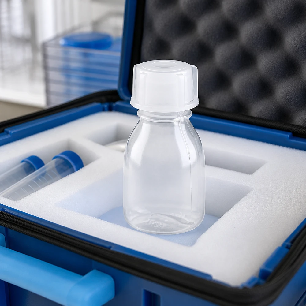 Transparente 10ml Enghals Flasche mit weißem Deckel in Schaumstoffhalterung eines Laborsets