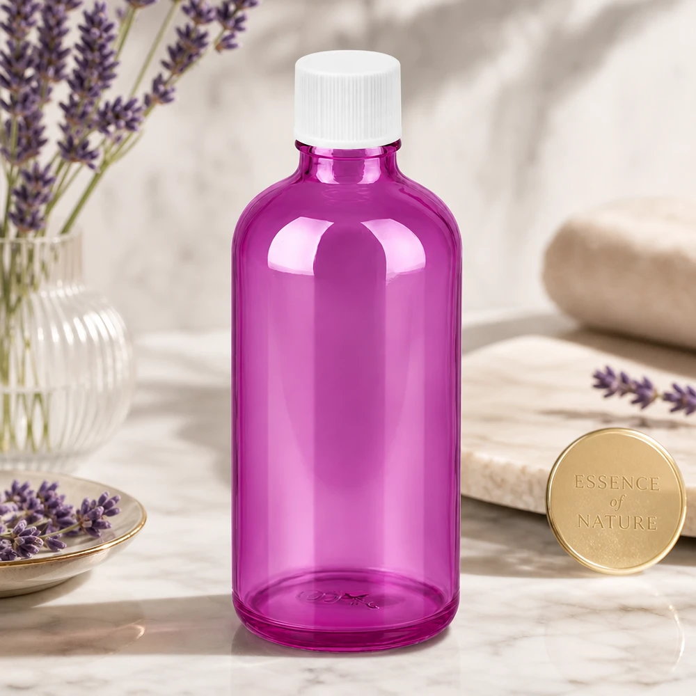 100ml Flasche 11mm Schraubverschluss weiss Standard PurpleLine UT18/100 Elegante violette 100ml Flasche mit weißem Cap perfekt für Aromatherapie und Wellness