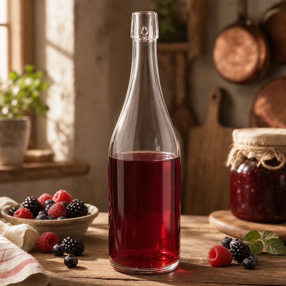 750ml Glasflasche ohne Bügelverschluss UNiTWIST® 750ml UNiTWIST Glasflasche mit Beerensaft befüllt rustikale Küche Heidelbeeren Himbeeren Brombeeren Anwendung