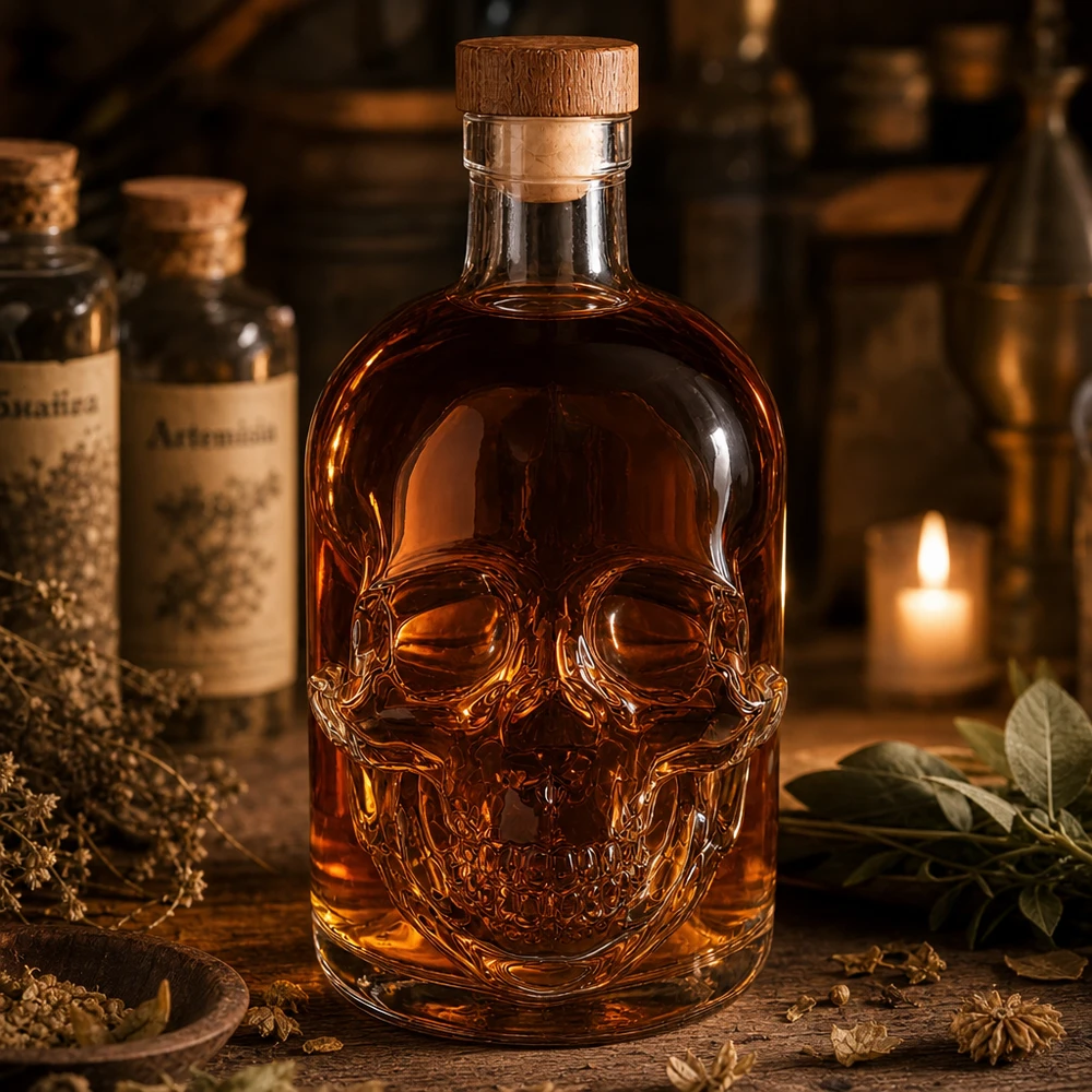 500ml Glasflasche "Jack" mit Holzgriff-Korken UNiTWIST Totenkopf-Glasflasche Jack 500ml mit bernsteinfarbener Flüssigkeit in rustikaler Apotheken-Atmosphäre mit Kerze und Kräu
