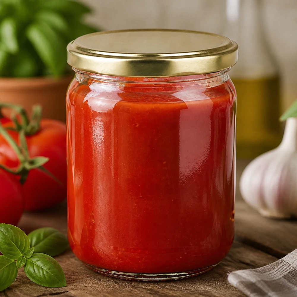 UNiTWIST Rundglas 555ml mit goldglänzendem Schraubdeckel und roter Tomatensauce umgeben von frischem Gemüse