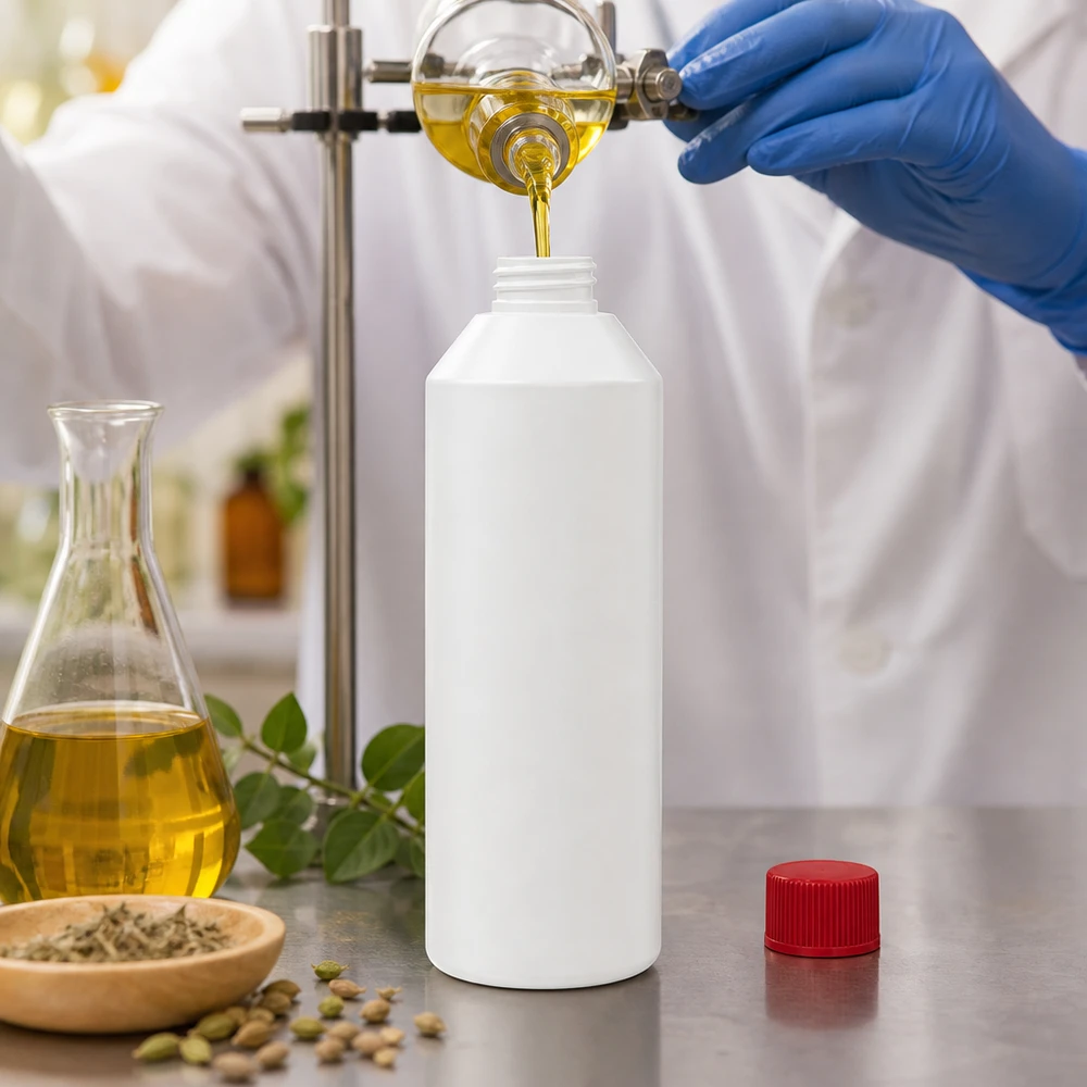Apothekenflasche HDPE 250ml weiß, mit rotem Schraubverschluss Öl wird in weiße HDPE Apothekenflasche 250ml abgefüllt Kräuter und Samen als natürliche Rohstoffe