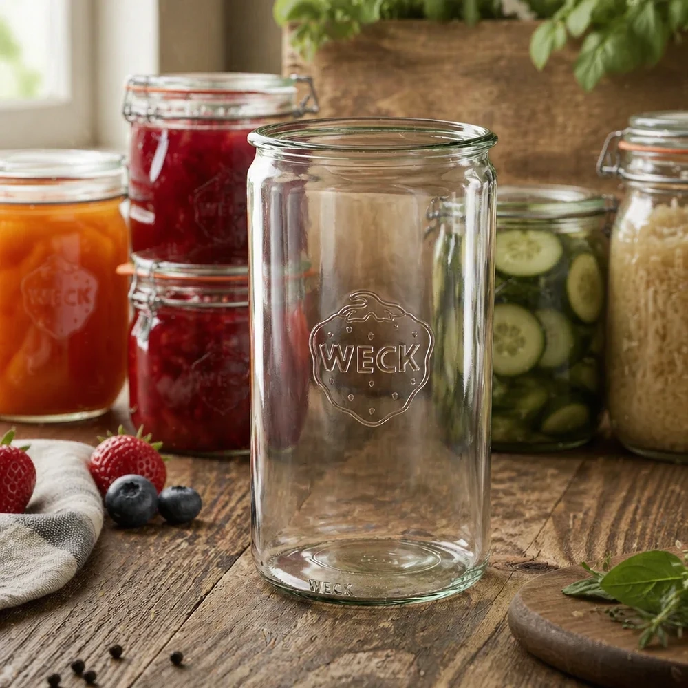 WECK RR100 Zylinderglas 1590ml transparent auf Holztisch mit Marmeladengläsern und Eingemachtem im Hintergrund