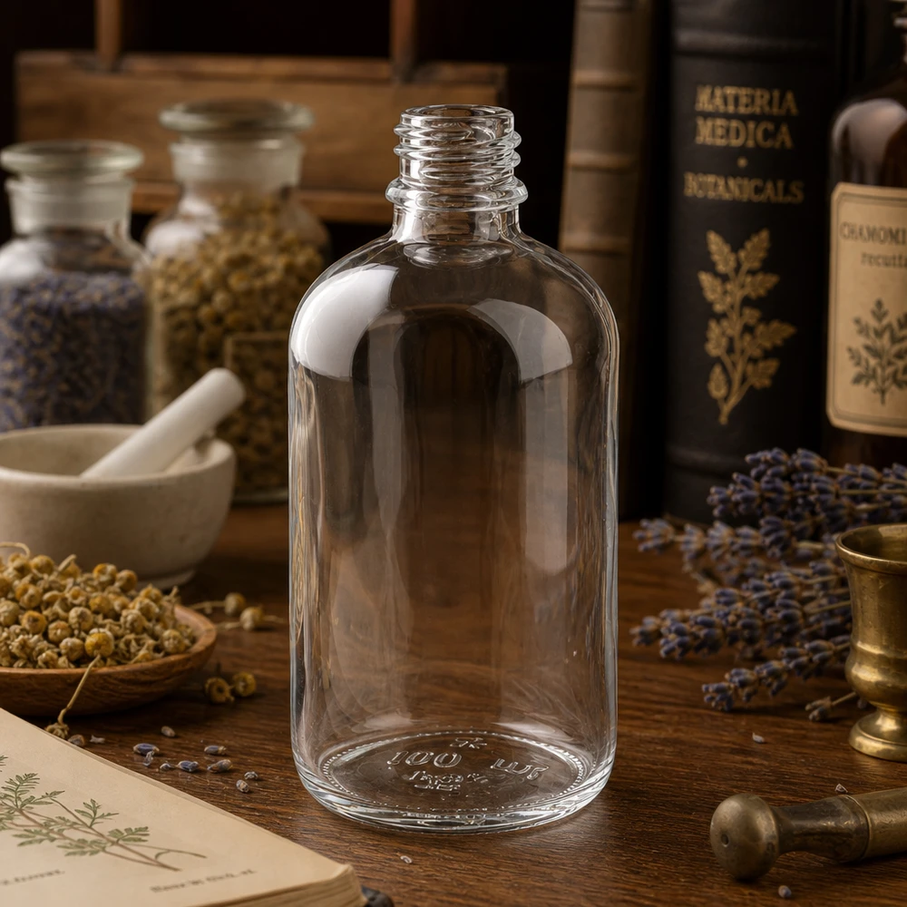 Klarglas Flasche 100ml DIN 18 ApoGlas Glasflasche 100ml mit UV-durchlässigem Klarglas für lichtunempfindliche Substanzen