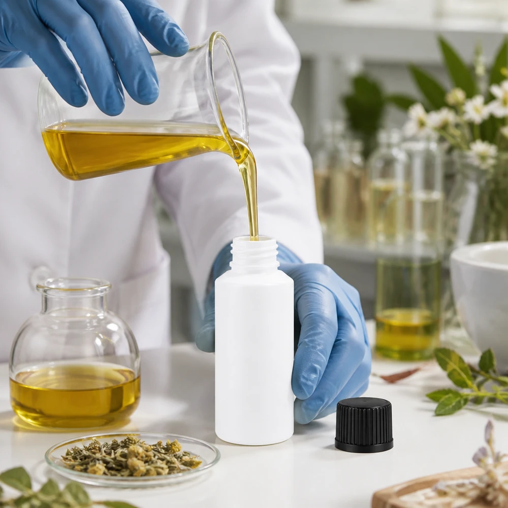 Apothekenflasche HDPE 30ml weiß, mit schwarzem Schraubverschluss Befüllung einer weißen 30ml HDPE Pharmaflasche mit goldfarbenem Pflanzenextrakt im Labor