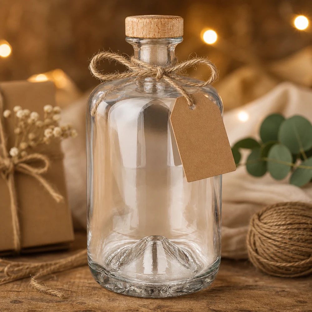 700ml Glasflasche Sofia mit Korkenverschluss und Geschenkanhänger in rustikaler Dekoration mit Jute und Lichterkette