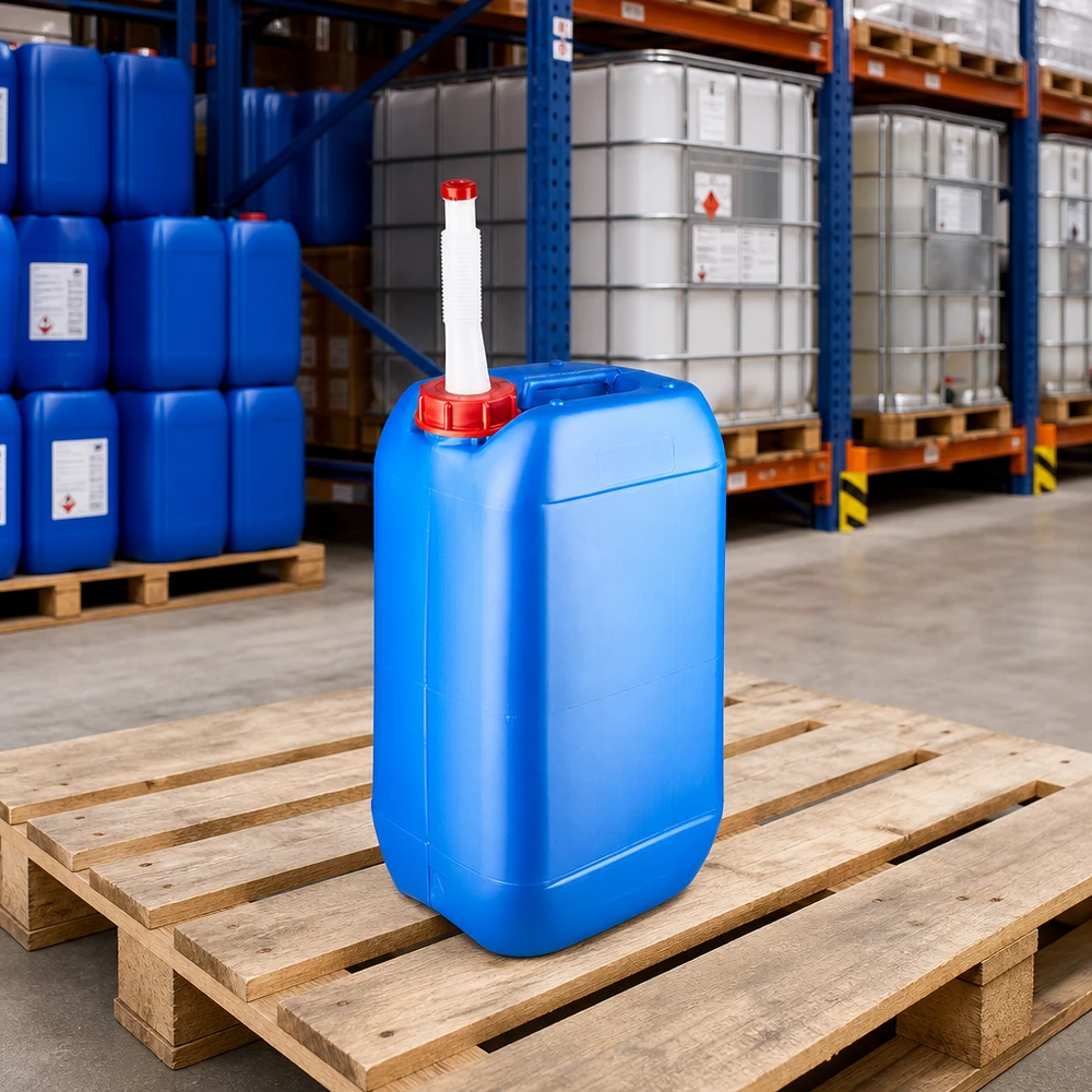 Kanister 15 Liter blau mit Auslaufrohr Flex Stapelbarer Kunststoffkanister 15 Liter blau mit biegsamem Ausgießer in Chemikalienlagerhalle