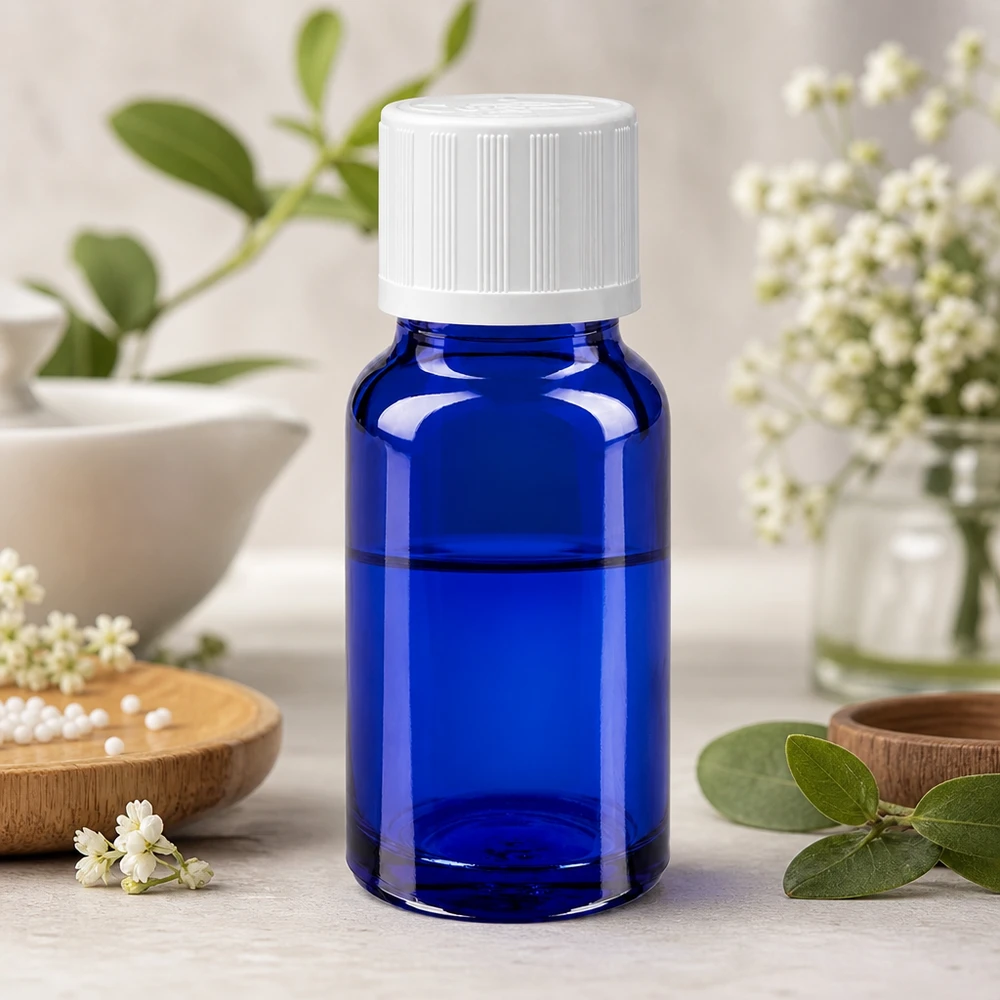 Kobaltblaues Apothekerglas 10ml mit 1,2mm Tropfeinsatz neben Mörser und weißen Blüten