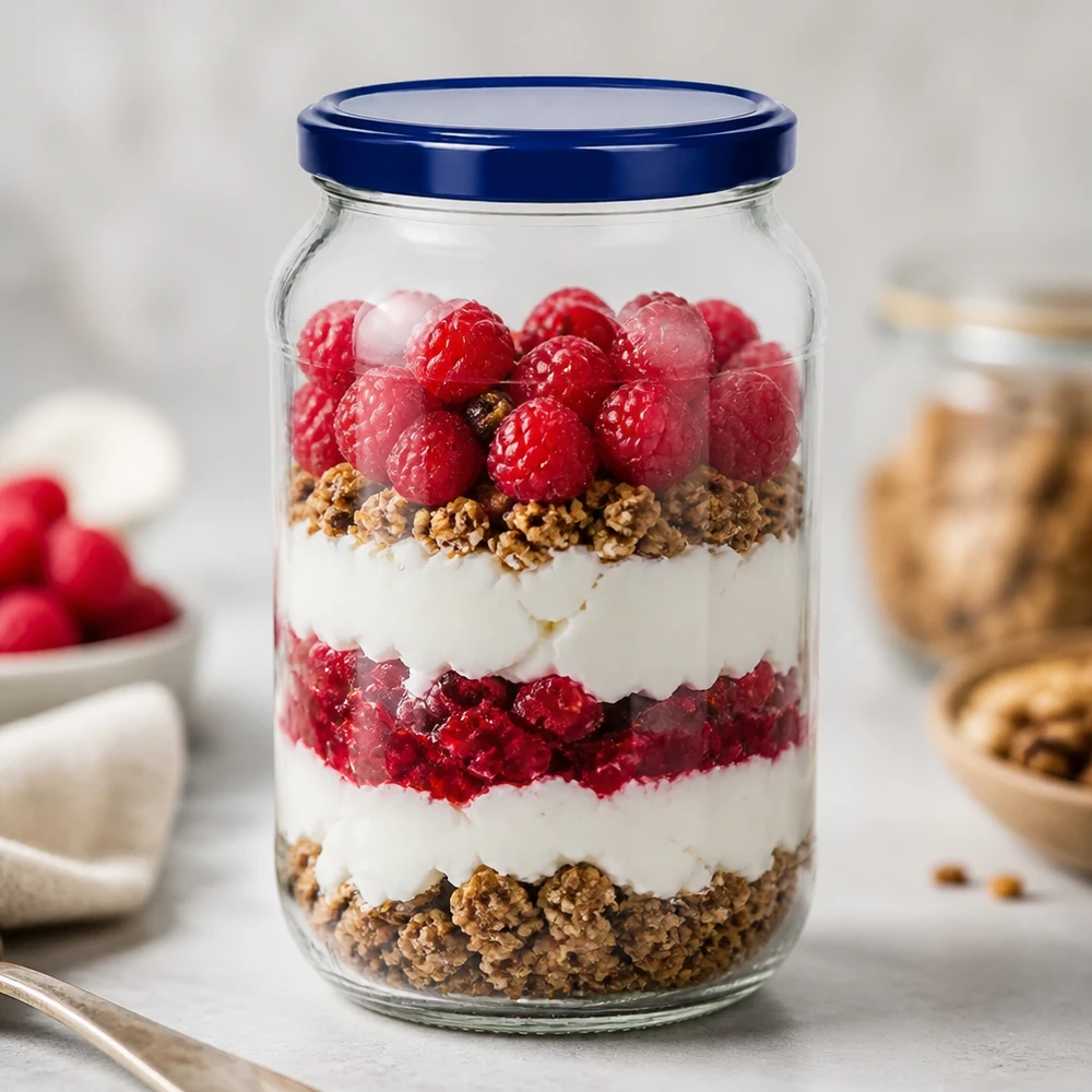 1062ml Rundglas + BasicSeal Deckel blau UNiTWIST 1062ml Rundglas BasicSeal Deckel blau UNiTWIST Dessert Parfait Schichtdessert Joghurt Beeren Granola Nachtisch