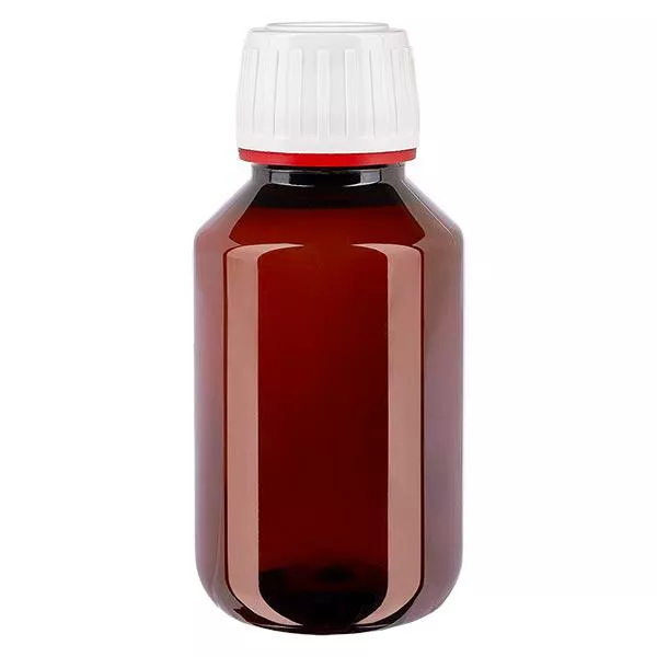 PET Flasche 100ml mit weißem Originalitätsverschluss fein geriffelt PET Flasche 100ml mit weißem Originalitätsverschluss fein geriffelt