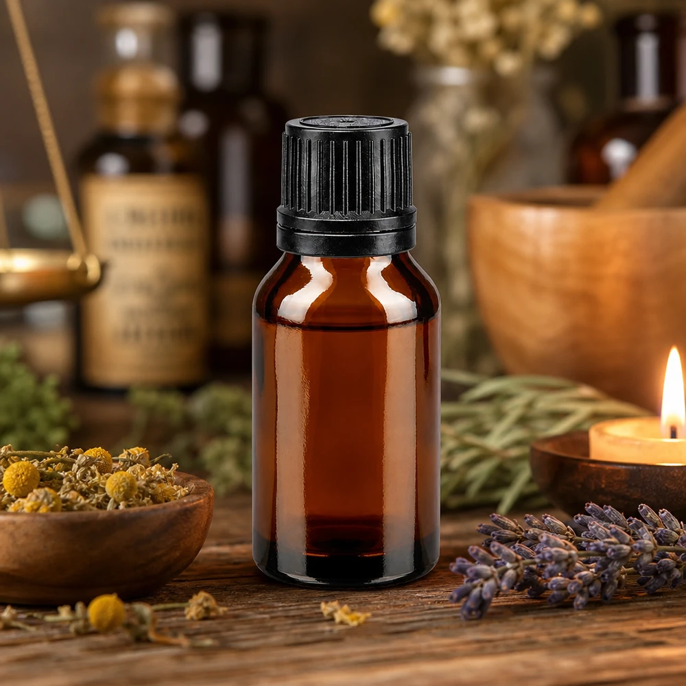 Braunglas Fläschchen 15ml schwarzer Tropfverschluss 1mm für Aromatherapie mit Lavendel