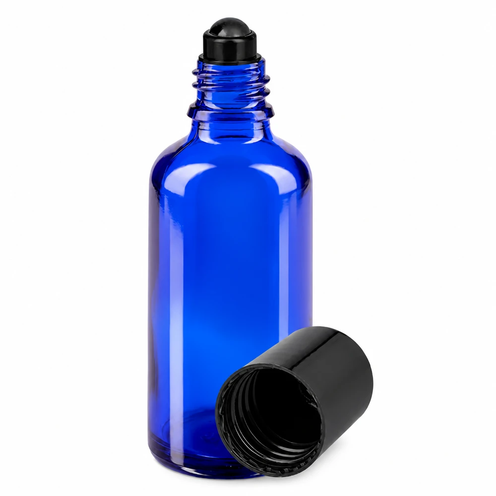 Apothekenflasche blau 50ml Roll-On Verschluss schwarz Blaue Glasflasche 50ml mit Roll-On Applikator und schwarzer Kappe für ätherische Öle