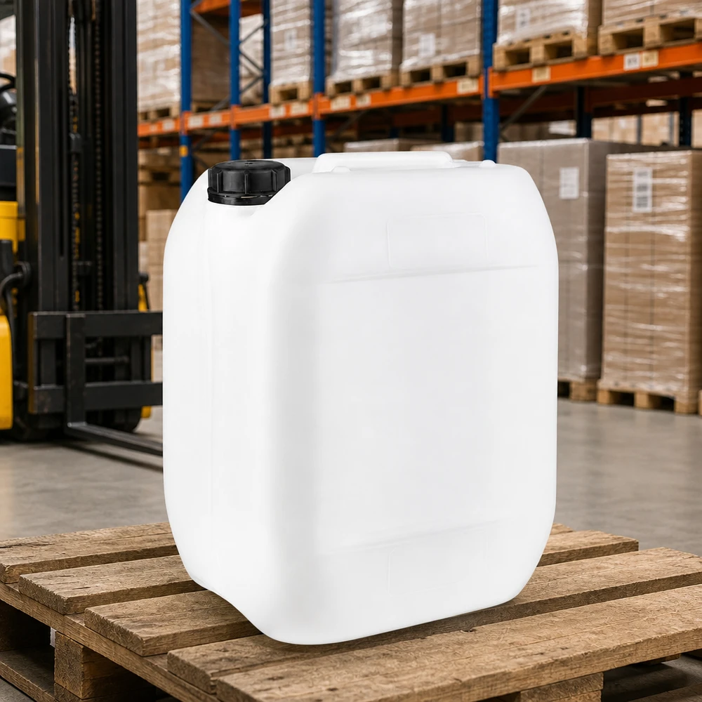 Kanister 10 Liter mit Schraubverschluss Originalitätsverschluss Stapelbarer Kanister 10 Liter weiß mit schwarzem OV-Verschluss für Lager und Logistik