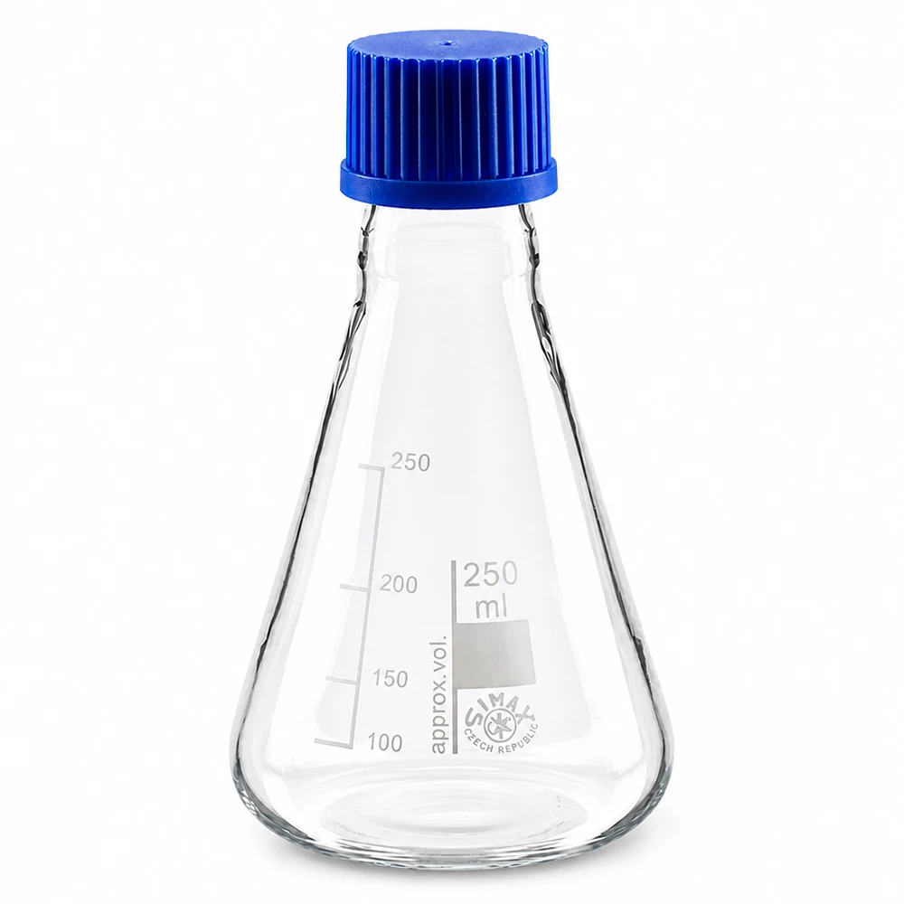 250ml Messkolben mit Erlenmeyerform und praktischem Schraubgewinde aus robustem Glas