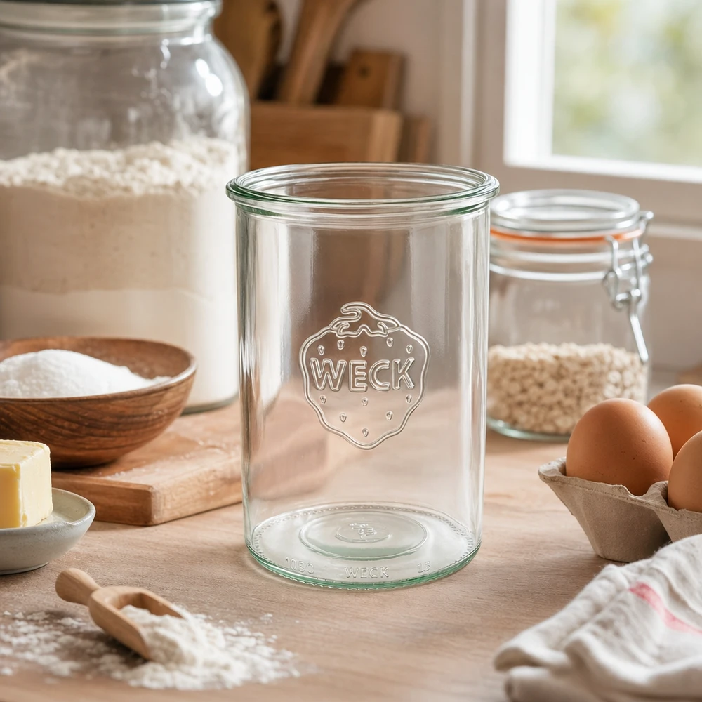 1000ml WECK Sturzglas RR100 Einmachglas aus Glas mit Logo in rustikaler Küche mit Backzutaten und Eiern