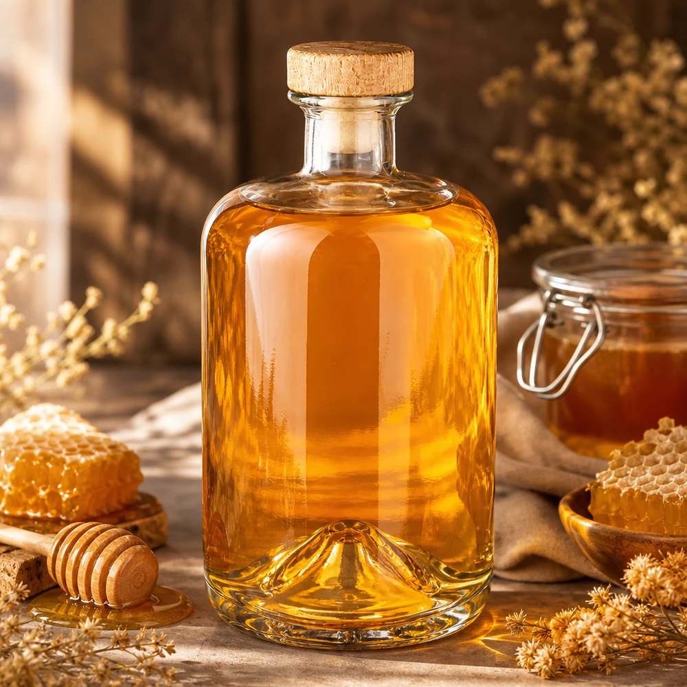 700ml Apothekenflasche "Classic" mit Holzgriffkorken UNiTWIST® 700ml Glasflasche Sofia mit Korken gefüllt mit goldener Flüssigkeit umgeben von Honig Waben und Trockenblumen Deko