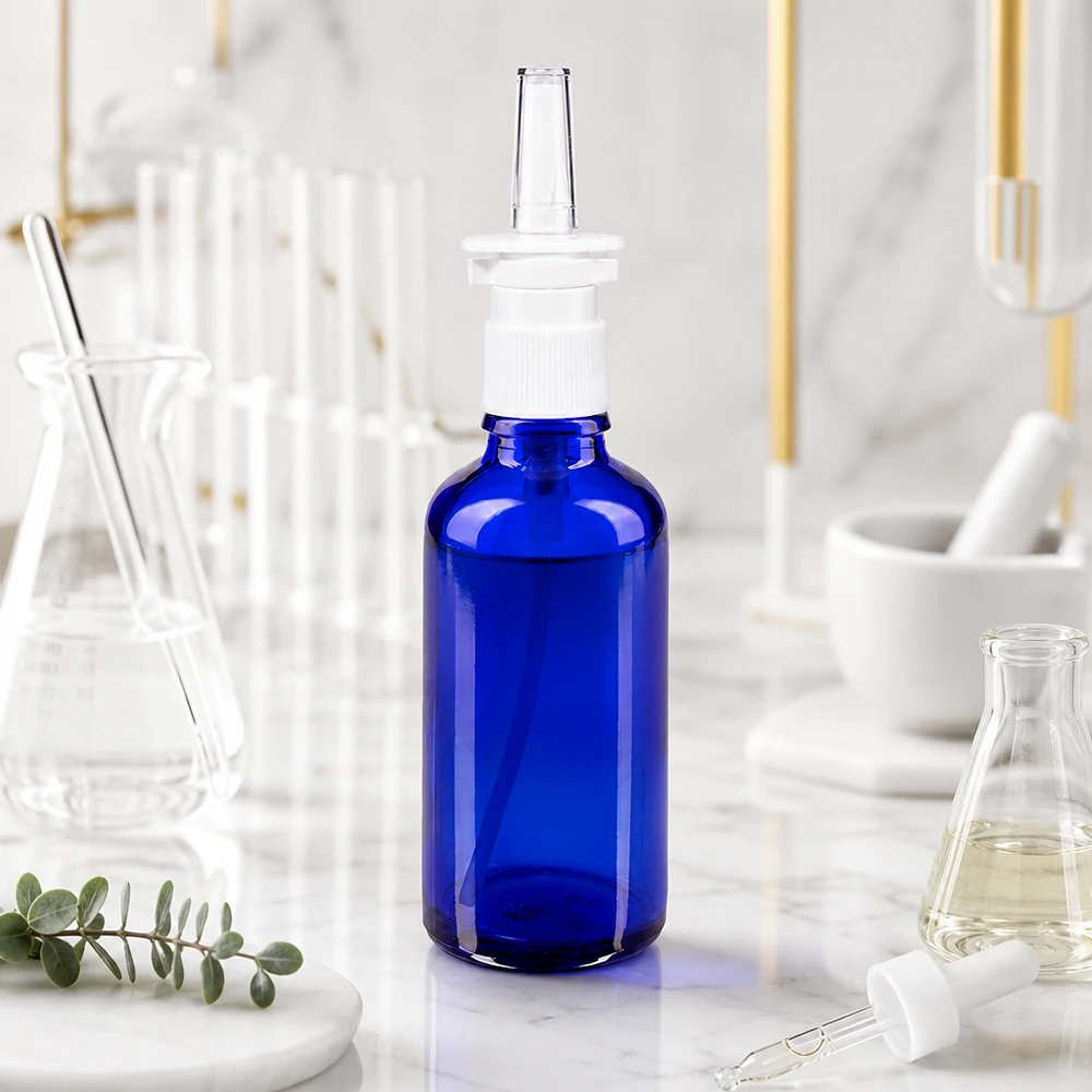Apothekenflasche blau 50ml Nasenzerstäuber weiß Standard Kobaltblaue Glasflasche 50ml mit weißem Pumpaufsatz und transparenter Düse für Nasenspray