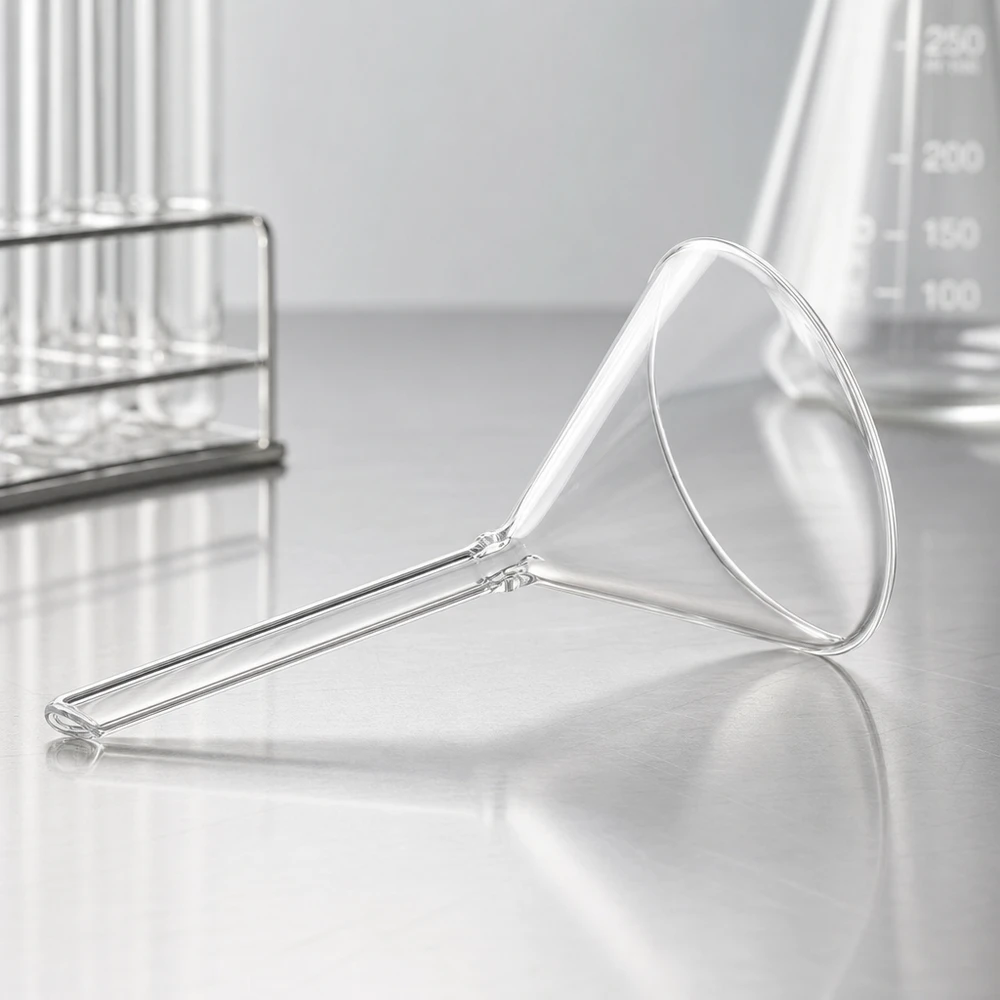 Trichter ø70mm Kalk-Soda, Winkel 60°, Kurzstil Kleiner Labortrichter aus klarem Kalk-Soda-Glas mit 60 Grad Neigung und praktischem Kurzstiel