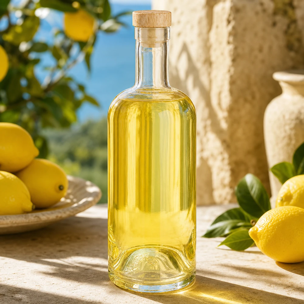 750ml Glasflasche "Attila" mit Holzgriffkorken UNiTWIST® 750ml Glasflasche Emma mit Holzkorken gefüllt mit gelblicher Flüssigkeit in mediterraner Zitronenumgebung