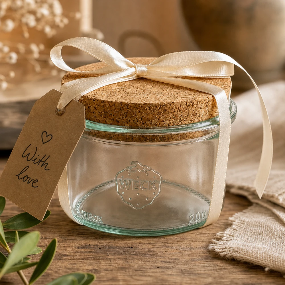 WECK Sturzglas 200ml RR80 dekorativ verpackt mit Schleifenband und Geschenkanhänger With Love als Geschenkidee