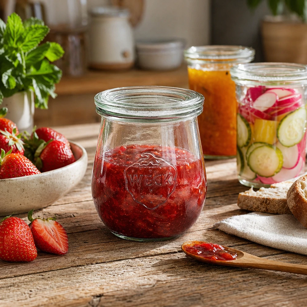 220ml Tulpenglas mit Glasdeckel WECK RR60 WECK Tulpenglas 220ml RR60 mit Erdbeermarmelade in rustikaler Küche mit anderen Einmachgläsern und frischen Zutaten