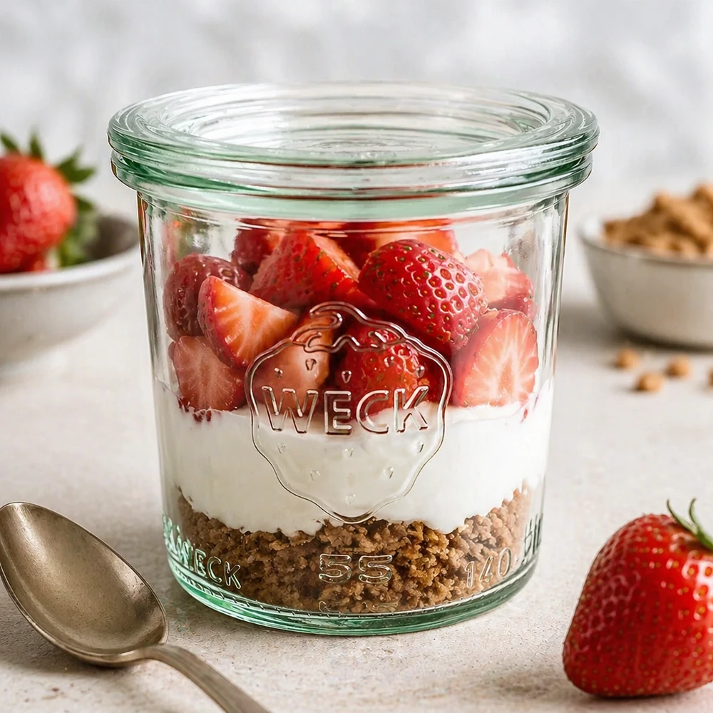 140ml Sturzglas mit Glasdeckel WECK RR60 WECK Sturzglas 140ml RR60 mit Joghurt Müsli Erdbeeren gefüllt als Dessertglas auf weißer Marmorplatte Frühstück