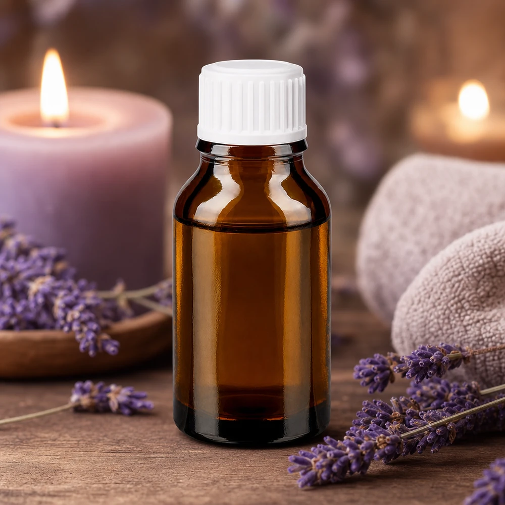 Kleine braune Glasflasche 30ml mit weißem Deckel umgeben von Lavendelblüten und Kerzen